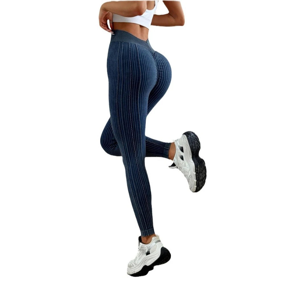 Women Seamless Gym High Waist Yoga Leggings Booty Lifting Outdoor Sports Tight Solid Striped Fitness Pants Exercise Yoga Pants