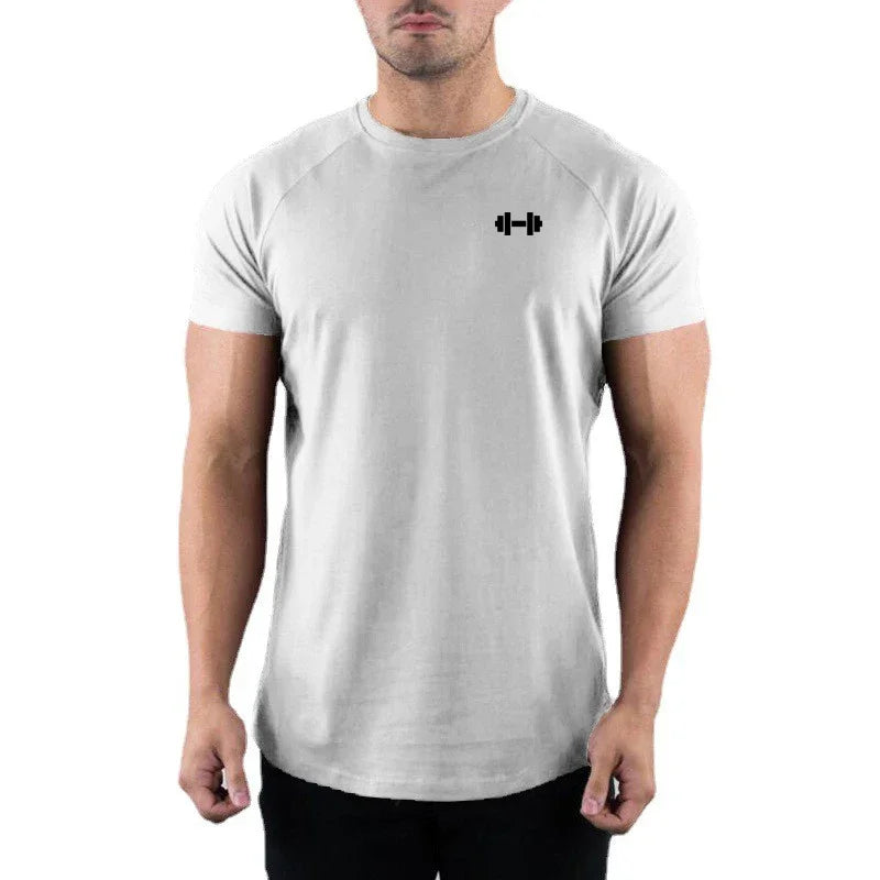 Summer Dumbbell Fitness T-shirt Mens Slim Fit Running Sports Short Sleeve T Shirts O-neck Elastic Quick Dry Gym Clothing
