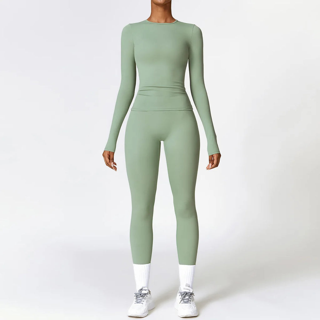 Women Seamless Workout Set 2PCS Yoga Set Fitness Long Sleeve Crop Top High Waist Leggings Sports Suits Gym Workout Clothing