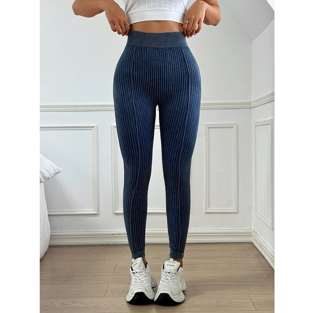 Women Seamless Gym High Waist Yoga Leggings Booty Lifting Outdoor Sports Tight Solid Striped Fitness Pants Exercise Yoga Pants