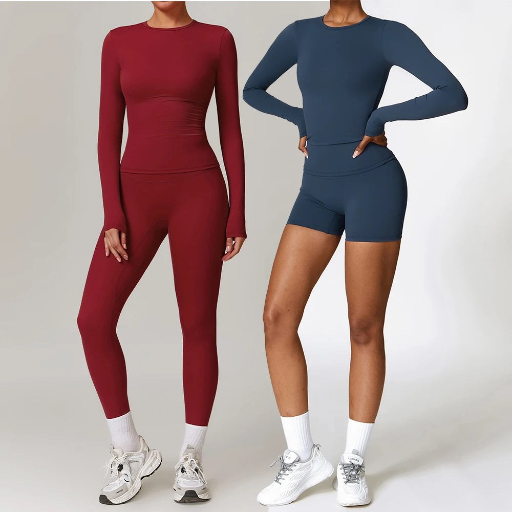 Women Seamless Workout Set 2PCS Yoga Set Fitness Long Sleeve Crop Top High Waist Leggings Sports Suits Gym Workout Clothing