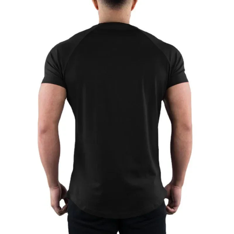 Summer Dumbbell Fitness T-shirt Mens Slim Fit Running Sports Short Sleeve T Shirts O-neck Elastic Quick Dry Gym Clothing