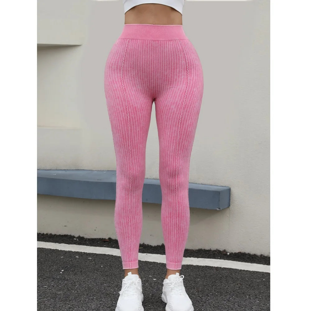 Women Seamless Gym High Waist Yoga Leggings Booty Lifting Outdoor Sports Tight Solid Striped Fitness Pants Exercise Yoga Pants