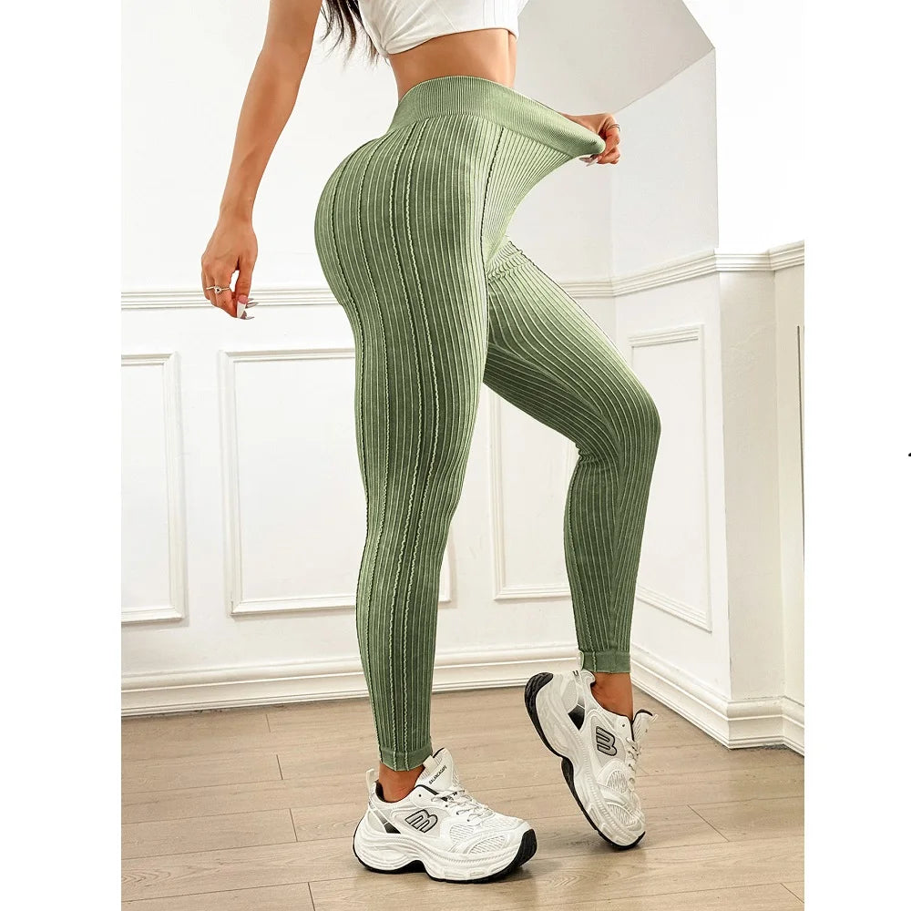 Women Seamless Gym High Waist Yoga Leggings Booty Lifting Outdoor Sports Tight Solid Striped Fitness Pants Exercise Yoga Pants