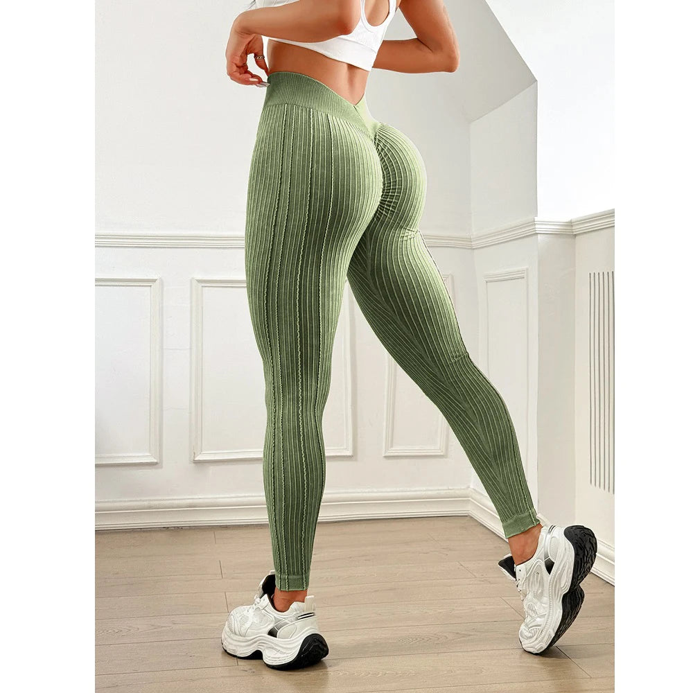 Women Seamless Gym High Waist Yoga Leggings Booty Lifting Outdoor Sports Tight Solid Striped Fitness Pants Exercise Yoga Pants