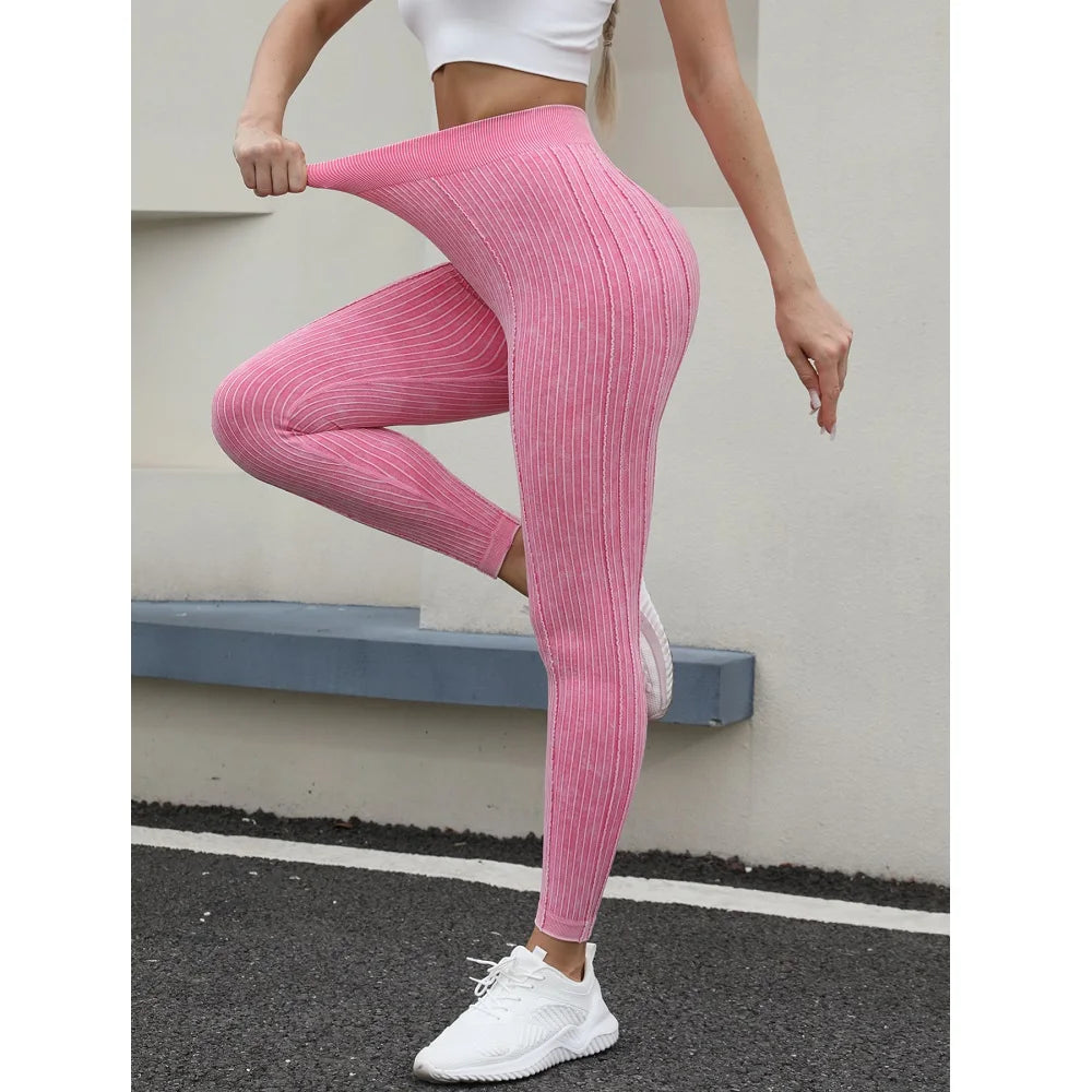 Women Seamless Gym High Waist Yoga Leggings Booty Lifting Outdoor Sports Tight Solid Striped Fitness Pants Exercise Yoga Pants