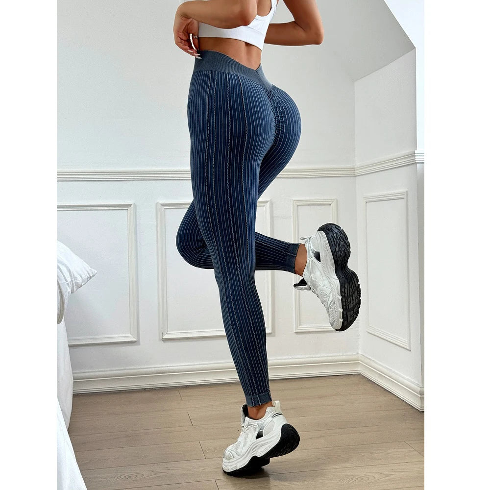 Women Seamless Gym High Waist Yoga Leggings Booty Lifting Outdoor Sports Tight Solid Striped Fitness Pants Exercise Yoga Pants