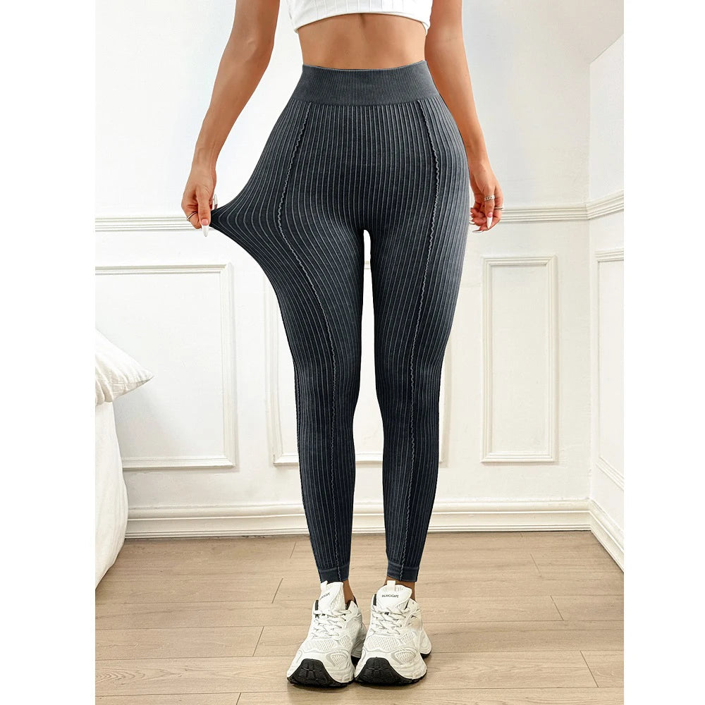 Women Seamless Gym High Waist Yoga Leggings Booty Lifting Outdoor Sports Tight Solid Striped Fitness Pants Exercise Yoga Pants