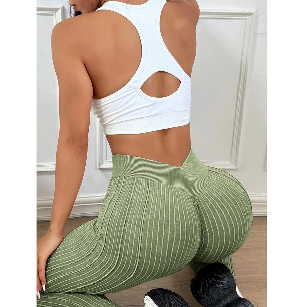 Women Seamless Gym High Waist Yoga Leggings Booty Lifting Outdoor Sports Tight Solid Striped Fitness Pants Exercise Yoga Pants