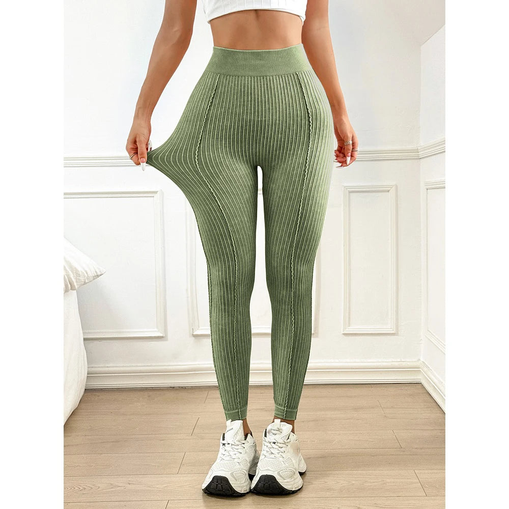 Women Seamless Gym High Waist Yoga Leggings Booty Lifting Outdoor Sports Tight Solid Striped Fitness Pants Exercise Yoga Pants
